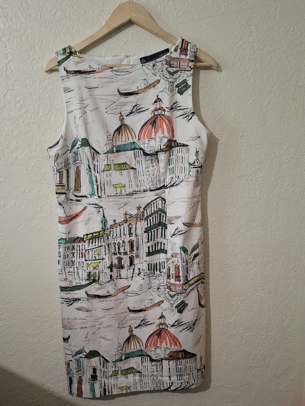 Chetta B White Dress with Coral and Green Scenic Print